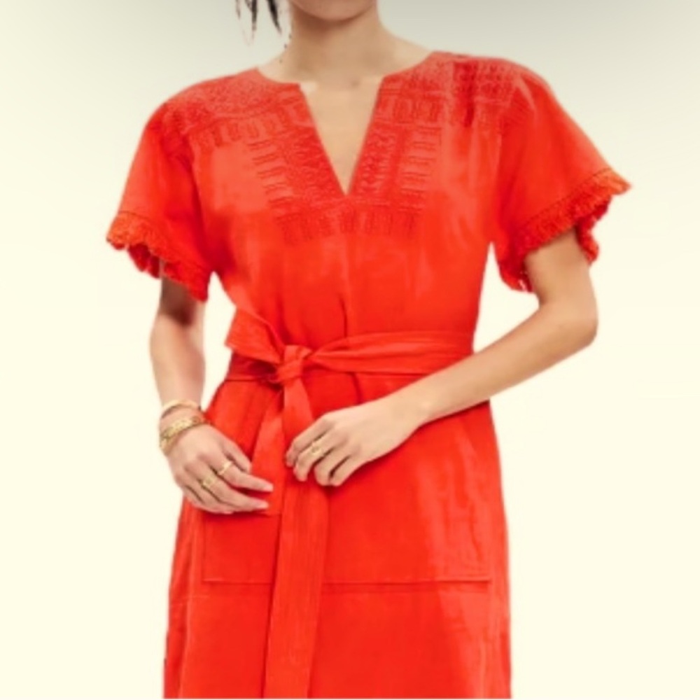 Madewell Rare Embroidered Boho Red Paradise Cottagecore Dress with Belt